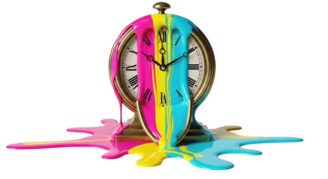 Melting clock with rainbow drips transparent background cutout png - Powered by Adobe