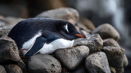 Gentoo penguin resting on rocks