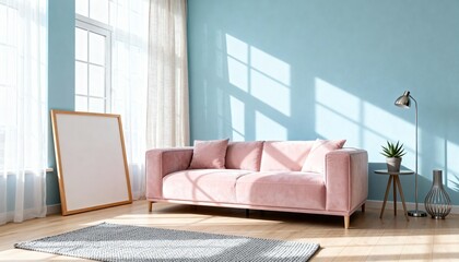Bright Morning Light Living Room with Empty Canvas Frame