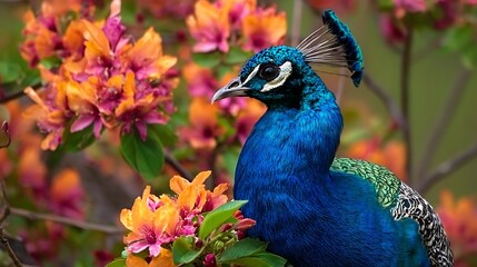 Majestic peacock standing near a serene pond, surrounded by vibrant flowers