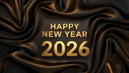 Happy New Year 2026 gold text on black satin background
