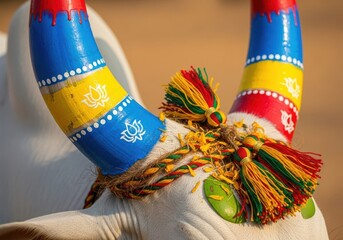 Closeup of a cows colorful painted horns and decorative headpiece in a natural setting with blurred background