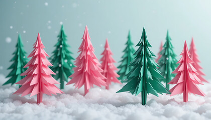 Obraz premium Origami paper trees in pink and green colors standing on a snowy surface with falling snow