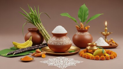 Traditional indian Pongal festival items with rice and lamp on brown background