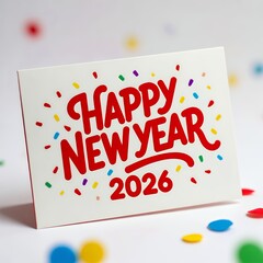 Happy New Year 2026 Card with Red Text and Colorful Confetti on White