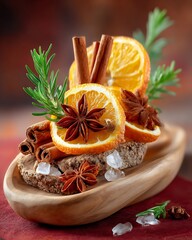 Cinnamon Sticks and Star Anise with Orange Slices on Wooden Bowl