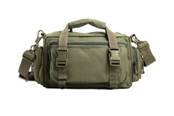 Olive drab bag with pouches and straps, on black ground