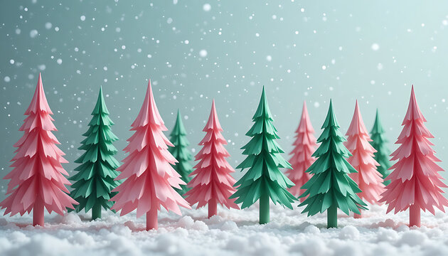 Origami paper trees in pink and green colors standing on a snowy surface with falling snow - Powered by Adobe