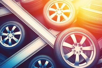 car tires and wheels with film strips in vibrant digital art background emphasizing creative advertising for automotive marketing campaigns