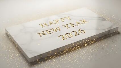 Happy New Year 2026 golden text on white marble slab with glitter