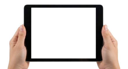 Hands holding a tablet with a gray screen transparent background cutout png