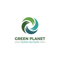 Green Planet Sustain Our Earth Logo Design, Abstract Swirling Leaf Symbol in Circle, Environmental Protection Vector Emblem.