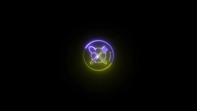 Glowing plate, spoon and fork icon animation on the black background.