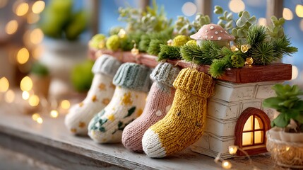 Colorful Christmas Stockings Hanging on Miniature House with Plants on Window Sill
