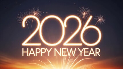 Stunning bright neon glow announces Happy New Year 2026 celebration exploding with vibrant fireworks