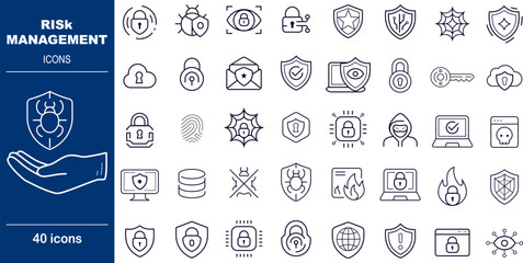40 Line Style Risk Management Icons Cybersecurity, Threat Protection and Compliance Symbols