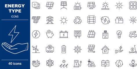 40 Line Style Energy Type Icons Renewable Power, Electricity Generation and Sustainable Source Symbols