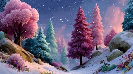 Vibrant Snowy Landscape with Colorful Trees under Starry Night Sky