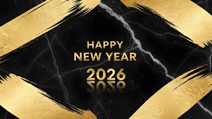 Happy New Year 2026 abstract gold brush strokes on black marble