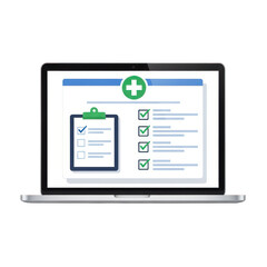 A laptop displays a digital medical checklist isolated on transparent background