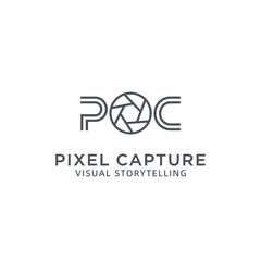 Pixel Capture Visual Storytelling Logo Design, Abstract POC Lettermark with Camera Aperture Icon, Photography and Media Emblem.