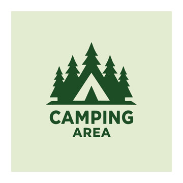 Camping Area Logo &ndash; Tent and Pine Trees (Light Green)