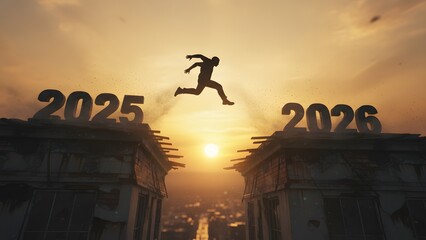 Dynamic silhouette of a person leaping from 2025 to 2026, symbolizing future challenges, ambitious goals, new year aspirations, and triumphant progress into a brighter tomorrow