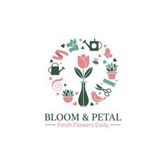 Bloom & Petal Fresh Flowers Daily Logo Design, Circular Composition of Floral and Gardening Icons, Nature and Decor Emblem.