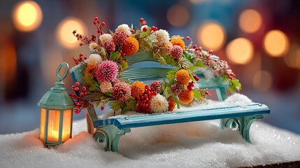 Snowy Bench with Christmas Flowers and Lantern