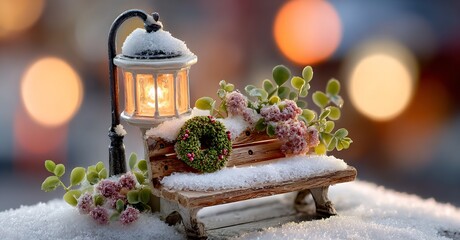 Snowy Bench with Lantern and Flowers in Winter