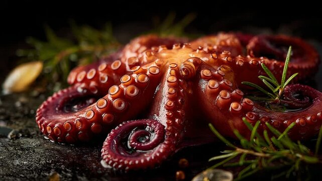 Octopus tentacles moving slowly on dark surface