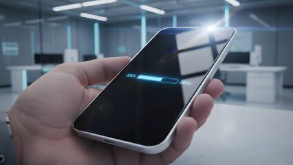 Modern smartphone held in hand displaying a loading bar on a sleek, high-tech office background