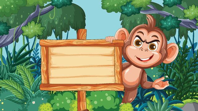 Cartoon Monkey Pointing at Wooden Jungle Signboard