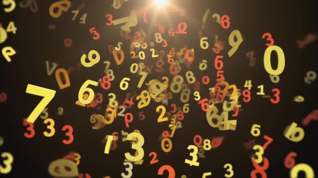 Dynamic abstract background animation of red, orange, and yellow numbers and digits flying toward the viewer.