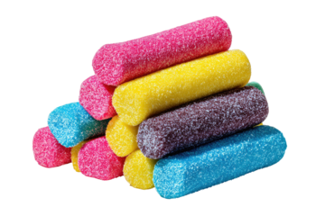 Stack of colorful sugar-coated candy sticks, soft focus