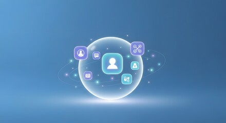 Abstract digital sphere with user interface icons floating around it