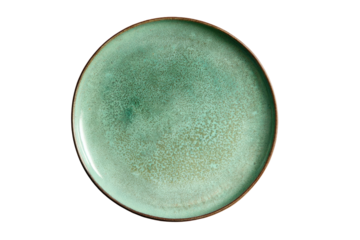 Round plate with mottled teal glaze and copper rim