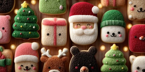 Festive Christmas cookies decorated as Santa, reindeer, pine trees, and gifts, perfect for holiday celebrations and sweet seasonal treats