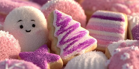 Festive Christmas cookies decorated as Santa, reindeer, pine trees, and gifts, perfect for holiday celebrations and sweet seasonal treats