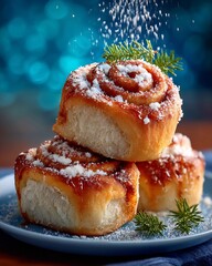 Cinnamon Rolls with Powdered Sugar on Blue Plate