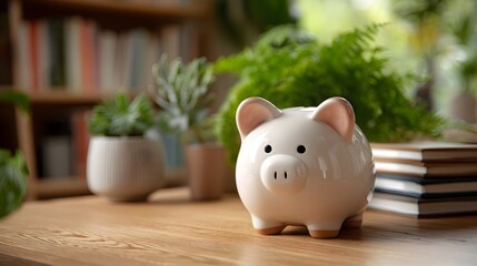 Cute piggy bank on wooden table with plants and books in background
