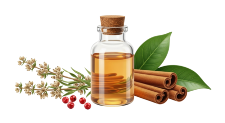 Cinnamon essential oil in a glass bottle with cinnamon sticks and leaves transparent background cutout png