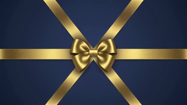 Luxurious golden satin ribbon and bow tied over a classic dark blue rectangular gift background.