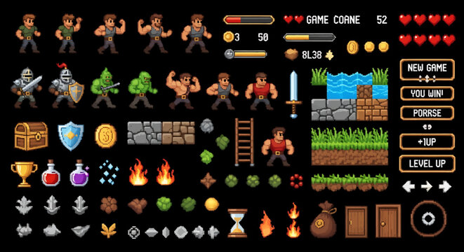 Pixel Art Game Characters and Items HUD Interface in 2D Video Game Graphic Design View
