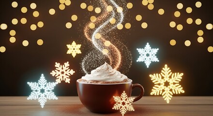 Warm Hot Chocolate with Whipped Cream and Snowflakes
