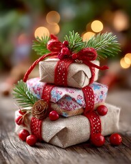 Stacked Christmas Gifts with Red Ribbons and Pine Branches on Wooden Table