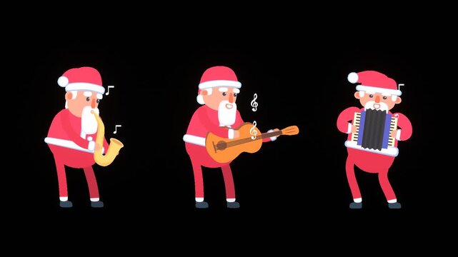 2d animation of Santa Claus playing on various musical instruments, guitar, saxophone, accordion. Video with alpha channel, transparent background