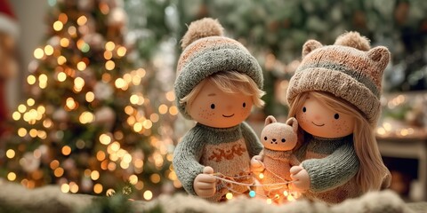 3D animation of cheerful kids decorating a cozy room for Christmas, hanging ornaments, lights, and gifts in a joyful festive atmosphere