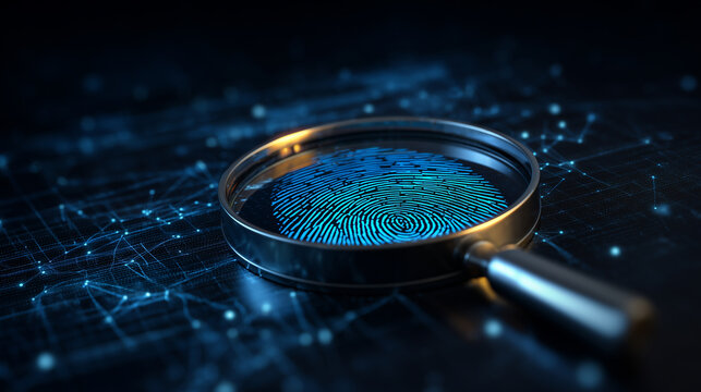 Cybersecurity fingerprint detection magnifying glass - Powered by Adobe