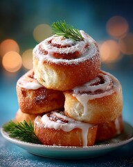 Stacked Cinnamon Rolls with White Icing and Fresh Dill on Blue Plate